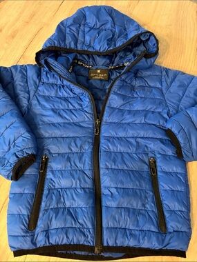SPYDER BOYS BLUE SUPERLITE HOODED PUFFER JACKET SIZE 5/6